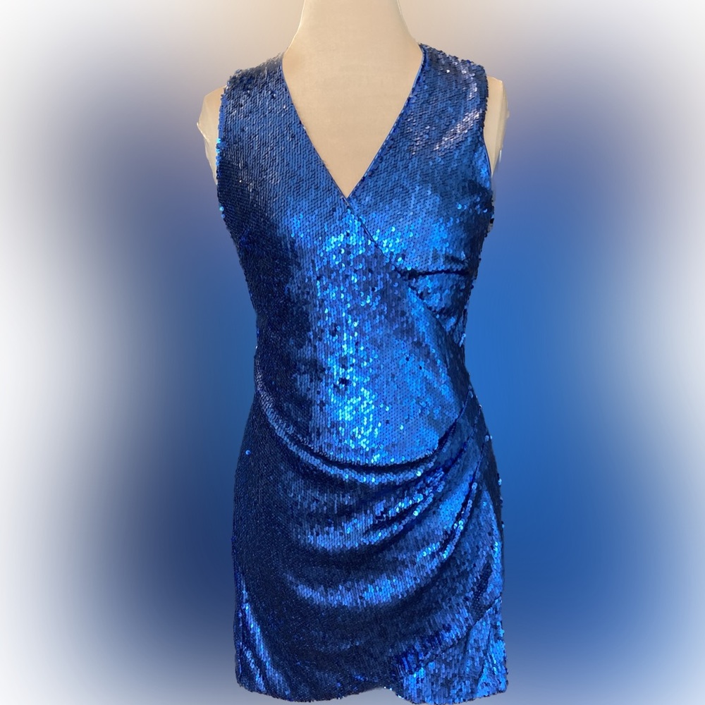 🔥 NWT Aqua Sleeveless Blue Sequin Cocktail Dress with V Neck Size Small - Picture 3 of 7